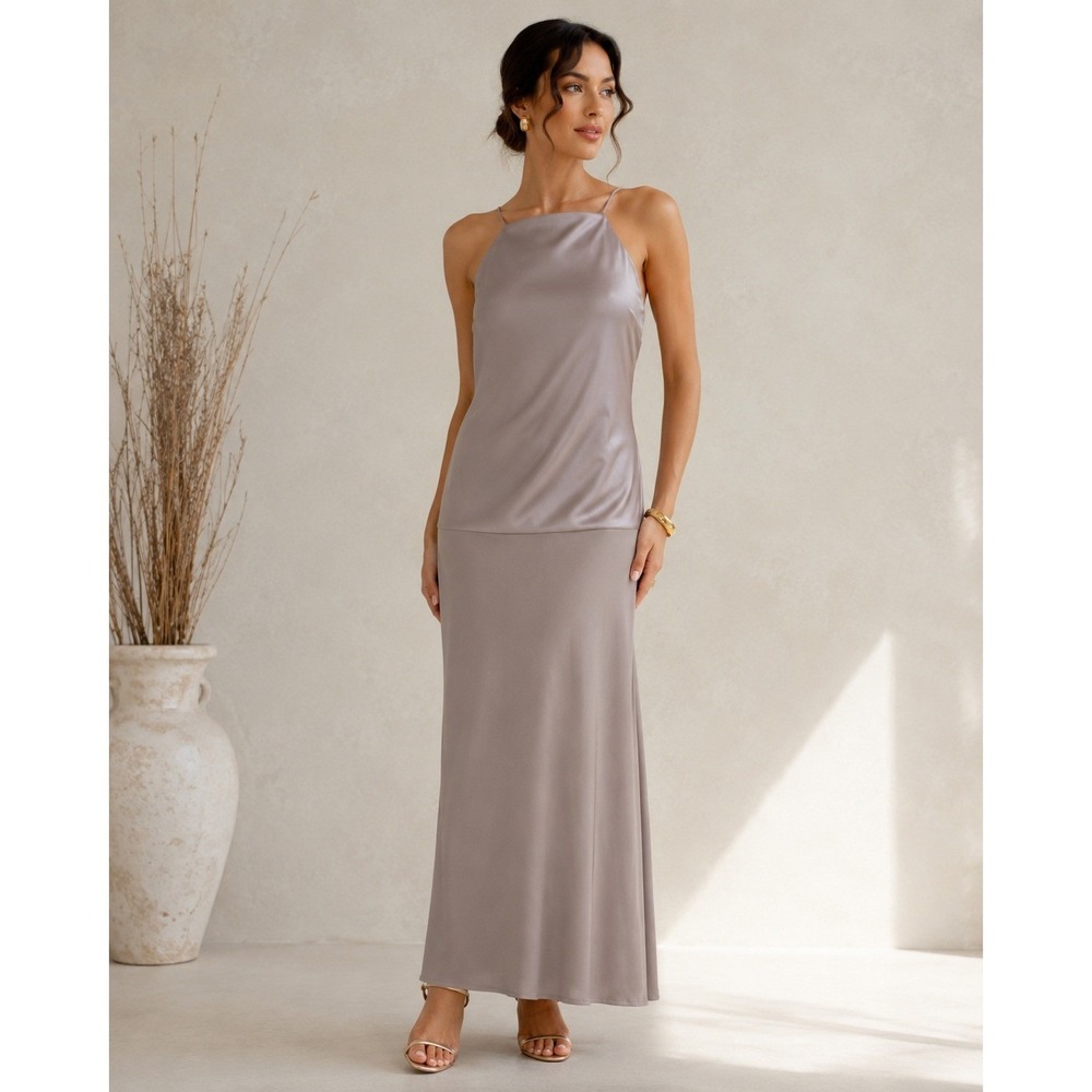 ASOS Dress Women US‎ 0 Taupe Maxi Satin Halter Neck Minimalist Formal Gown